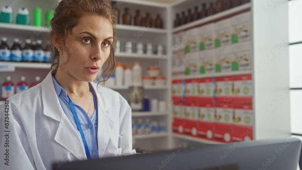 Poster Caucasian woman pharmacist working in drugstore with medicine shelves