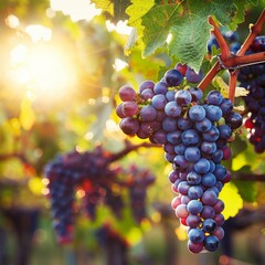 In the Sunlit Vineyard, Ripe Purple Grapes Wait for Harvesting on a Beautiful Autumn Day