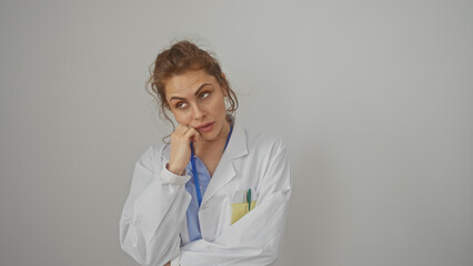 A contemplative young woman in a white lab coat against a plain background, embodying...
