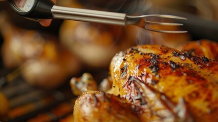 Closeup of a digital meat thermometer being used to check the internal temperature of a whole chicken held in place with a pronged fork.