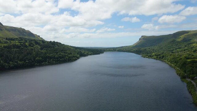 Drone moving from right to left, beautiful irish lake scene, Glencar, Leitrim, Sligo, Ireland