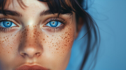Fototapeta premium Close-Up of Woman with Blue Eyes and Freckles 