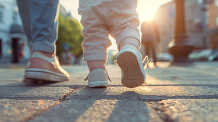 Fototapeta premium Baby Taking First Steps with Parent on Sunny Street 