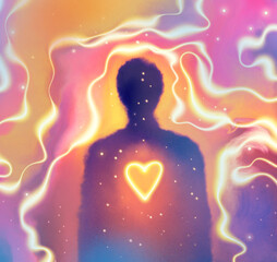 Cosmic Silhouette with Glowing Heart and Aura
