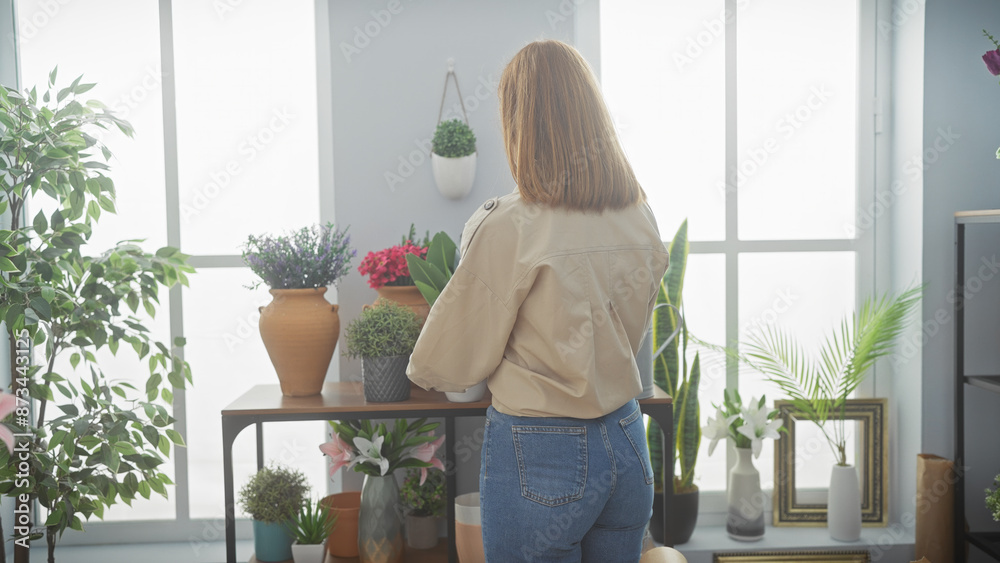 Wall mural Back view of a young woman in a room surrounded by vibrant potted plants and modern decor.