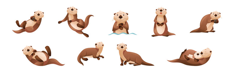 Sea Otter as Marine Mammal and Aquatic Creature with Brown Coat and Long Tail Vector Set