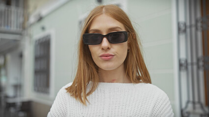 Young redhead woman wearing sunglasses posing on a city street, exuding confident urban style