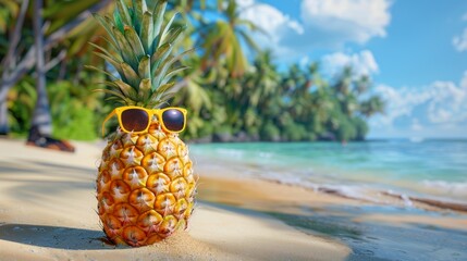 A pineapple with sunglasses on a tropical beach, palms, sun, creating a unique holiday vibe