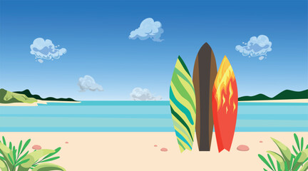 Vector landscape, background image of a tropical beach and surfs on the shore.