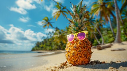 A playful pineapple with sunglasses on a tropical beach, embodying summer and relaxation