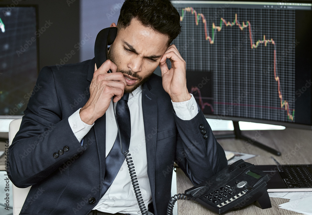 Poster stress, stock market crash and business man with phone call for investment mistake, error or falling