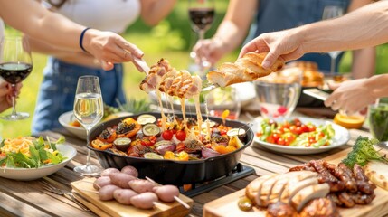 Obraz premium A group of friends enjoy a meal outdoors, with grilled vegetables and cheese being served with bread