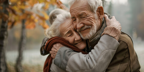 Obraz premium An older couple hugging each other