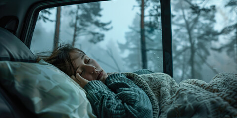 Beautiful woman sleeping in a bed inside a camper