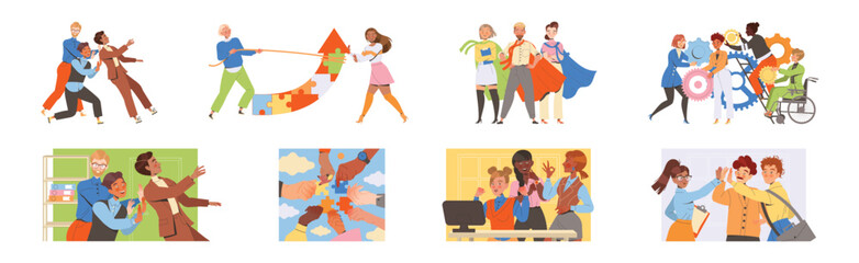 Teamwork with Business People Employee Engaged in Successful Collaboration Vector Set