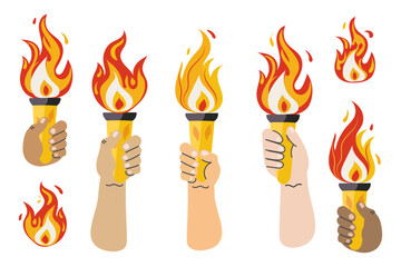 Olimpic Torches with burning fire flame set. Vector isolated burning torches flames in hands. Symbol competition, sport, games, victory, championship. Hand drawn illustration