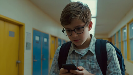 A schoolboy with a backpack on his shoulders stands in the hallway, looking at his phone in surprise and fear. A schoolboy with glasses is typing on his phone