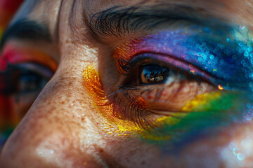 A close-up of a persons face their eyes filled with with makeup for Pride Day