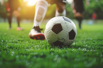 Obraz premium Footballer Kicking Ball On Grass Field. Classic Soccer