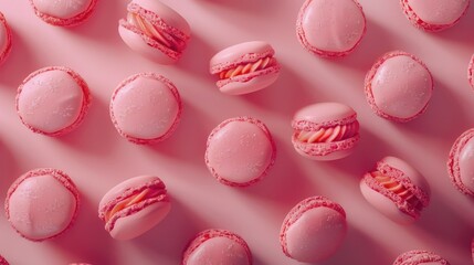 Obraz premium A row of pink macarons with a pink background. The macarons are arranged in a way that they look like they are sitting on a pink surface
