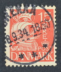 Cancelled postage stamp printed by Denmark, that shows Old sailing ship, circa 1927.