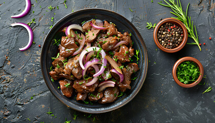 Fried chicken liver with onions and herbs. Top view