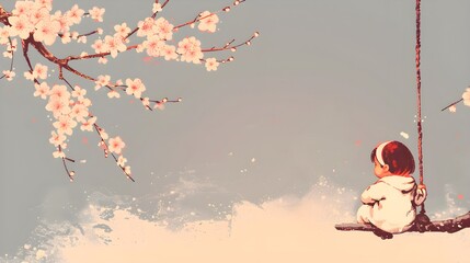 Illustration of a Child on a Swing Under Cherry Blossom Tree