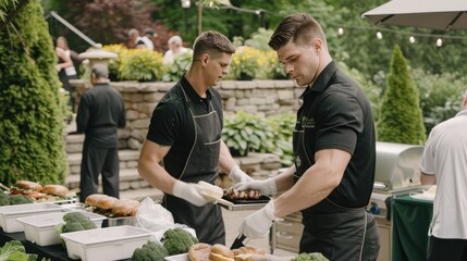 Two men in black aprons prepare food at an outdoor catering event with a grill and a table full of food