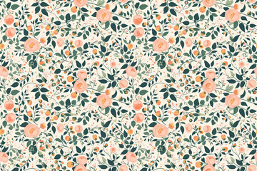 Obraz premium Seamless pattern of vintage roses and green leaves on a cream background. The floral design is elegant and classic, evoking a timeless feel.