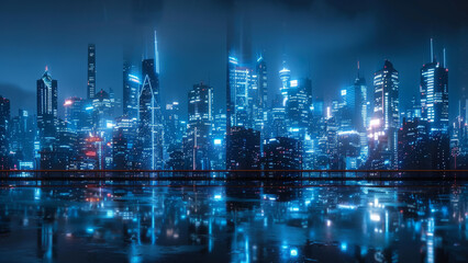Fototapeta premium Night cityscape illuminated by blue lights, skyscrapers and clouds in the sky 