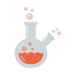 Laboratory test tubes, Two-neck flask. Transparent glassware with chemical reagents. Experiment equipment for chemistry lessons. Vector illustration isolated on white, flat design