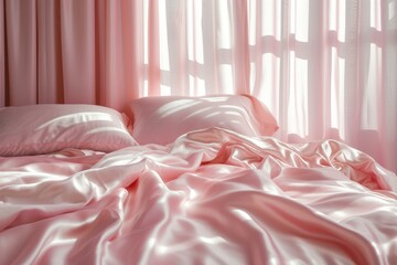 Inviting Bed pink silk. Silky fashion rose. Generate Ai