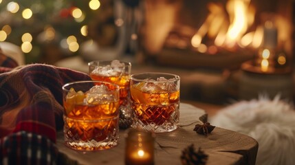 A cozy fireside lounge provides the ideal setting for a winter craft cocktail hour complete with warm drinks and festive cocktails.