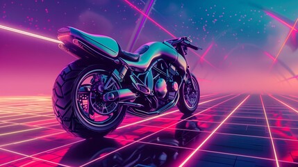 A futuristic cyberpunk motorcycle is placed on a vibrant neon grid background. 