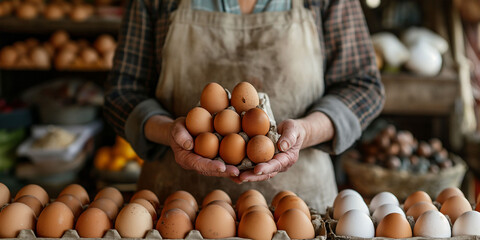 A man in a plaid shirt and apron holds a pile of brown eggs at a farm market stall, with display of more eggs in front of them. rustic, farm to table vibe, local farming, organic produce