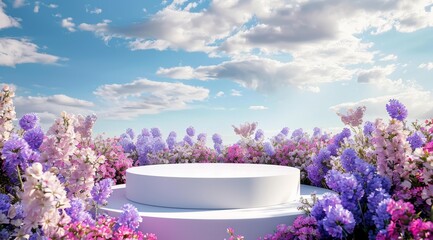 An elegant white round podium with vibrant flowers outdoors, creating beauty and peace