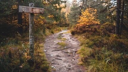 A minimalist trail with just a single wooden signpost, a clean dirt path, and surrounding nature