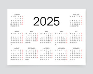 2025 year calendar. Calender layout. Week starts Monday. Monthly planner template with 12 months. Desk organizer grid in horizontal design, A4. Yearly stationery diary, English. Vector illustration