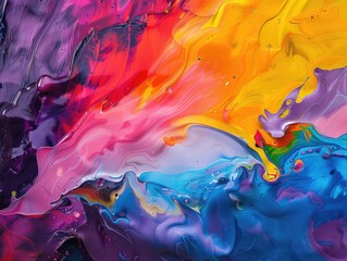 A painting of a rainbow with a splash of blue. The colors are bright and vibrant, creating a sense of energy and excitement. The painting seems to be abstract, with no clear subject or focal point