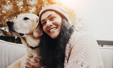 Happy, pet and woman with dog in garden for love, support and relax outdoors for fun, chill and playing. Best friend, animals and female owner with Labrador for trust, bonding and embrace in backyard © ReeseArcurs/peopleimages.com