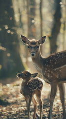 Mother Deer with Fawn in Sunlit Forest

