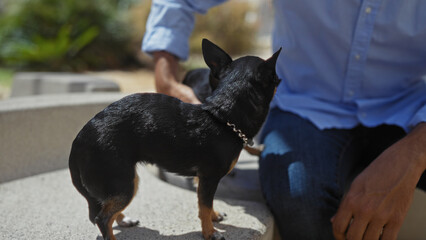A man relaxes in an urban park with two chihuahuas, highlighting a pleasant outdoor moment with pets.