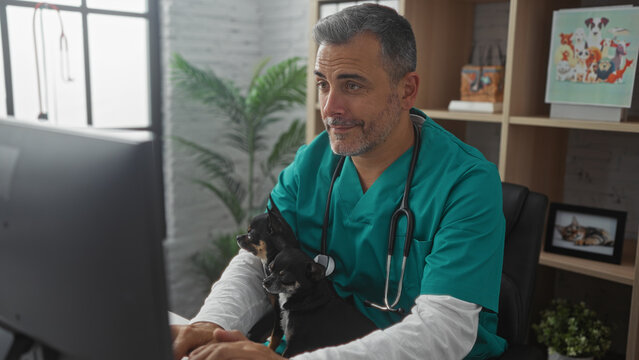 Middle-aged hispanic man veterinarian at a clinic with two chihuahuas sitting on his lap, working on a computer in a veterinary indoor setting.