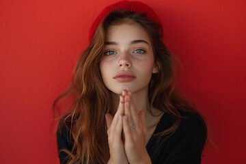 Fototapeta premium Young Woman Red Hat Fashion Portrait Red Wall