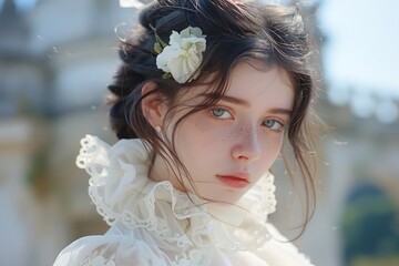 Young Woman with Blue Eyes and Freckles in Portrait
