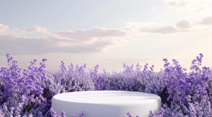 Lavender field with a white podium and blooming flowers at sunset, creating a tranquil setting