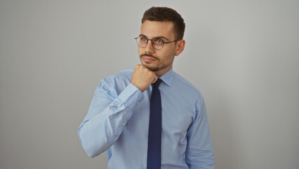 Handsome hispanic man with a beard and glasses in a blue shirt and tie standing isolated against a white background in a portrait pose.