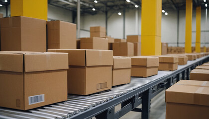 Cardboard boxes move along a conveyor belt in a large warehouse setting