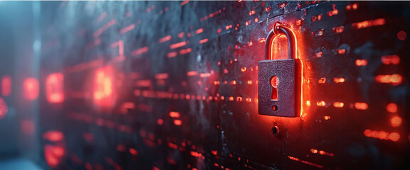 Obraz premium A large, metallic padlock with a red glow sits on a dark, digital wall with a background of red lights