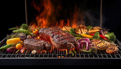 A close up of steaks cooking on a bbq grill with blazing fire flame at a Summer Barbecue